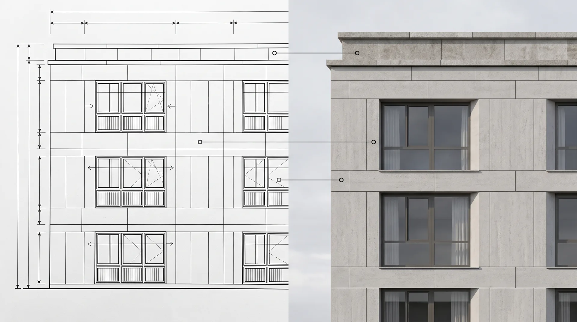 Split image with a technical facade elevation on the left and the matching photoreal render on the right, with markers linking the window reveal, parapet and cladding joint