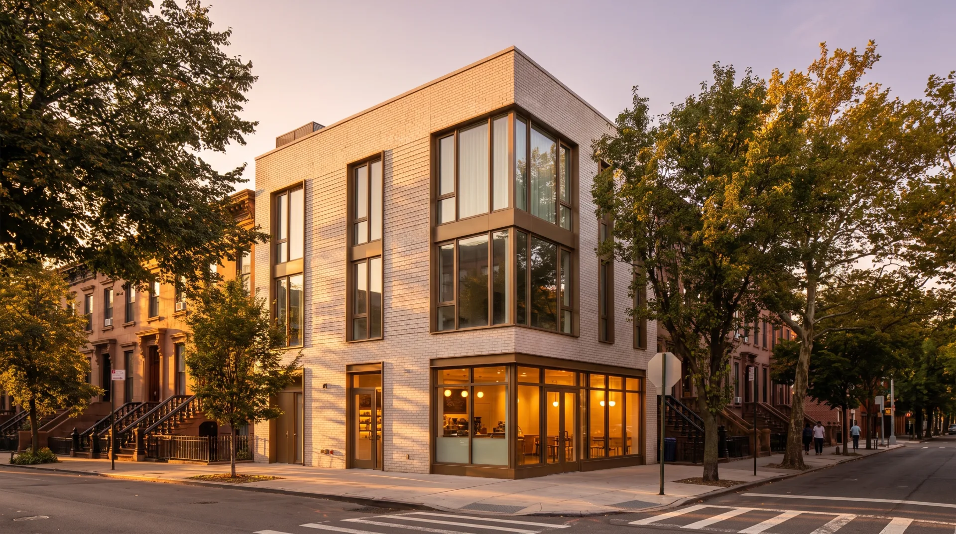 Rendering of a three-story brick and glass mixed-use building on a tree-lined street corner in warm evening light