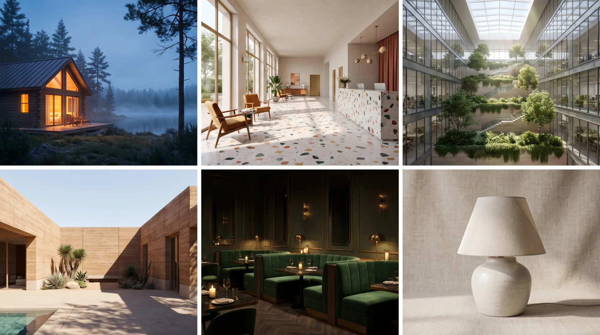 Grid of six concept renders: a lake cabin, a hotel lobby, an office atrium, a desert courtyard house, a restaurant interior and a table lamp